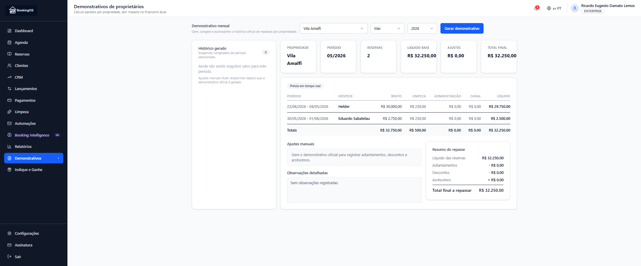 Initial screen for generating an owner statement